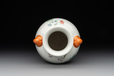 A Chinese famille rose 'rooster and flowers' 'hu' vase, Hua Ren Tang 懷仁堂 mark, Republic