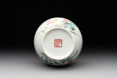 A Chinese famille rose 'rooster and flowers' 'hu' vase, Hua Ren Tang 懷仁堂 mark, Republic