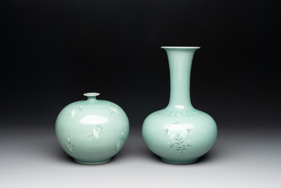 Three Korean celadon-glazed vases and a covered pot, 20th C.