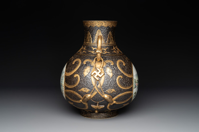 A Chinese famille rose faux-bronze 'landscape' 'hu' vase, dated 1949