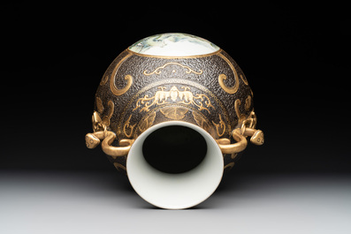 A Chinese famille rose faux-bronze 'landscape' 'hu' vase, dated 1949