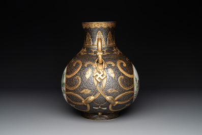A Chinese famille rose faux-bronze 'landscape' 'hu' vase, dated 1949