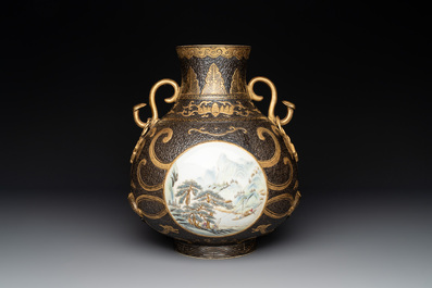A Chinese famille rose faux-bronze 'landscape' 'hu' vase, dated 1949