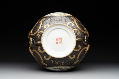 A Chinese famille rose faux-bronze 'landscape' 'hu' vase, dated 1949