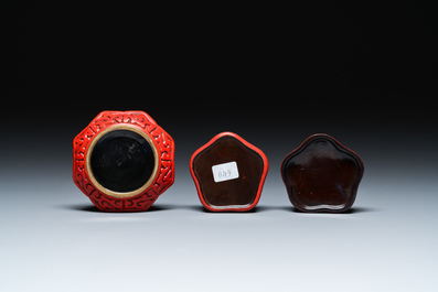 Two Chinese bamboo brush pots, signed Gu Heng 顧恆 and Lu Cheng 呂城, and a red cinnabar lacquer covered box and a saucer, 18/19th C.