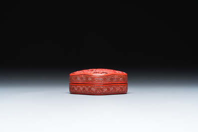 Two Chinese bamboo brush pots, signed Gu Heng 顧恆 and Lu Cheng 呂城, and a red cinnabar lacquer covered box and a saucer, 18/19th C.