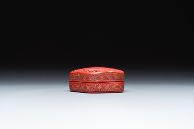 Two Chinese bamboo brush pots, signed Gu Heng 顧恆 and Lu Cheng 呂城, and a red cinnabar lacquer covered box and a saucer, 18/19th C.