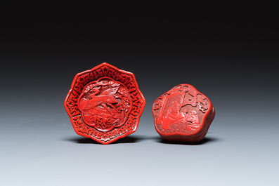 Two Chinese bamboo brush pots, signed Gu Heng 顧恆 and Lu Cheng 呂城, and a red cinnabar lacquer covered box and a saucer, 18/19th C.