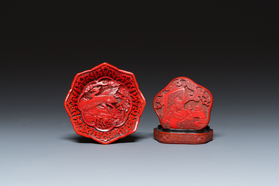 Two Chinese bamboo brush pots, signed Gu Heng 顧恆 and Lu Cheng 呂城, and a red cinnabar lacquer covered box and a saucer, 18/19th C.