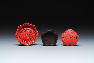 Two Chinese bamboo brush pots, signed Gu Heng 顧恆 and Lu Cheng 呂城, and a red cinnabar lacquer covered box and a saucer, 18/19th C.