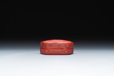 Two Chinese bamboo brush pots, signed Gu Heng 顧恆 and Lu Cheng 呂城, and a red cinnabar lacquer covered box and a saucer, 18/19th C.
