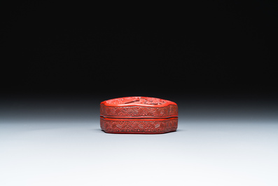 Two Chinese bamboo brush pots, signed Gu Heng 顧恆 and Lu Cheng 呂城, and a red cinnabar lacquer covered box and a saucer, 18/19th C.