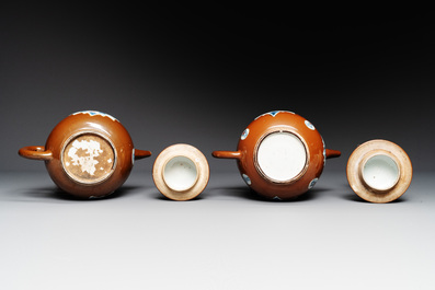 A pair of large Chinese Imari-style capucin-brown-ground teapots and two famille rose chocolate pots, Qianlong