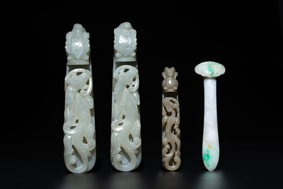 Three Chinese jade belt hooks, a hairpin, a bangle and an archer's ring, 19/20th C.