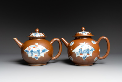A pair of large Chinese Imari-style capucin-brown-ground teapots and two famille rose chocolate pots, Qianlong