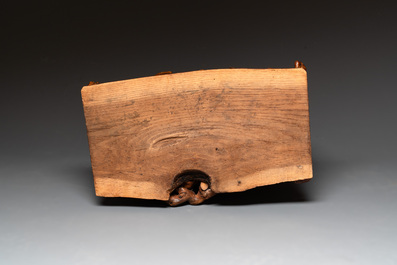 A Chinese carved wooden group and a natural root sculpture, 20th C.