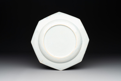 An octagonal English Delftware blue and white inscribed plate with a three-master, Liverpool, dated 1761