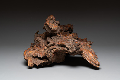 A Chinese carved wooden group and a natural root sculpture, 20th C.