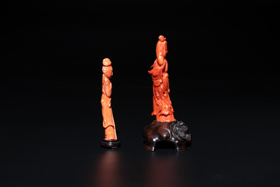 Two Chinese red coral sculptures of ladies on wooden stand, 19/20th C.