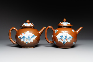 A pair of large Chinese Imari-style capucin-brown-ground teapots and two famille rose chocolate pots, Qianlong