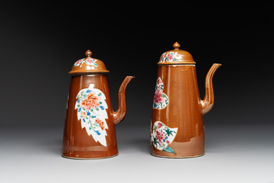 A pair of large Chinese Imari-style capucin-brown-ground teapots and two famille rose chocolate pots, Qianlong