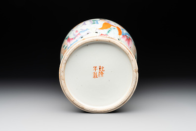 A Chinese famille rose vase, a jardini&egrave;re and a dish, Qianlong and Guangxu marks, 20th C.