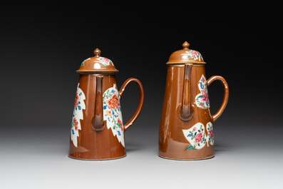 A pair of large Chinese Imari-style capucin-brown-ground teapots and two famille rose chocolate pots, Qianlong