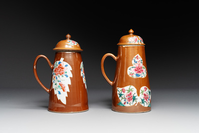 A pair of large Chinese Imari-style capucin-brown-ground teapots and two famille rose chocolate pots, Qianlong