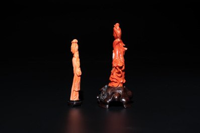 Two Chinese red coral sculptures of ladies on wooden stand, 19/20th C.