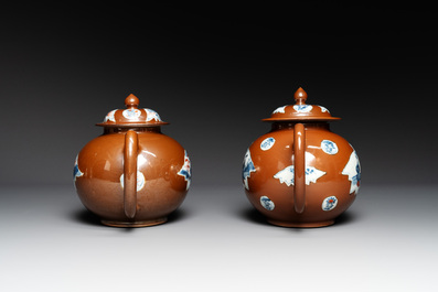 A pair of large Chinese Imari-style capucin-brown-ground teapots and two famille rose chocolate pots, Qianlong