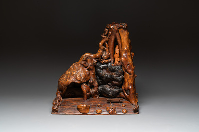 A Chinese carved wooden group and a natural root sculpture, 20th C.