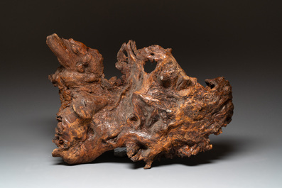 A Chinese carved wooden group and a natural root sculpture, 20th C.