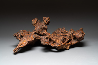 A Chinese carved wooden group and a natural root sculpture, 20th C.