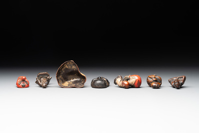 Five Japanese netsukes, a bronze figure and a lacquered burl wood cup, 19th C.