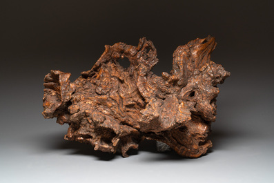 A Chinese carved wooden group and a natural root sculpture, 20th C.