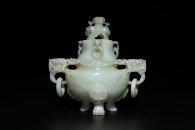 Five Chinese jade and agate incense burners and covers, 20th C.