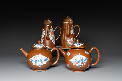 A pair of large Chinese Imari-style capucin-brown-ground teapots and two famille rose chocolate pots, Qianlong