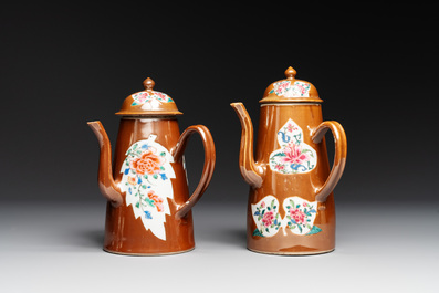 A pair of large Chinese Imari-style capucin-brown-ground teapots and two famille rose chocolate pots, Qianlong