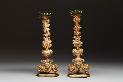 Five gilt-lacquered Baroque candlesticks, probably Germany, 18/19th C.