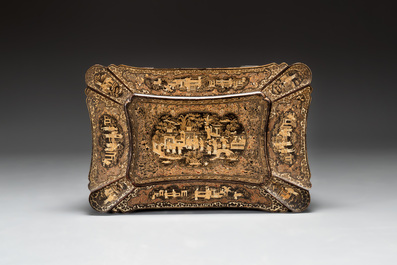 A Chinese Canton export gilt-lacquered sewing table with accessories, 19th C.
