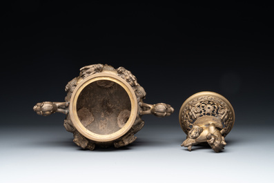 A Chinese bronze covered censer, a seal and a Japanese bronze covered censer, Xuande mark, 20th C.