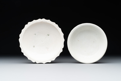 Four Chinese white-glazed saucers and three bowls, Yuan/Ming