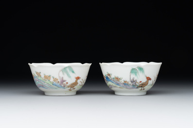 A pair of Chinese eggshell white-glazed cups and saucers, and two famille rose cups, 18th C.