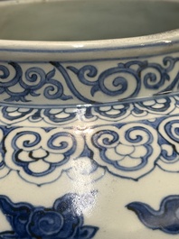A large Chinese blue and white 'mythical creatures' jar, 'guan', Jiajing/Wanli