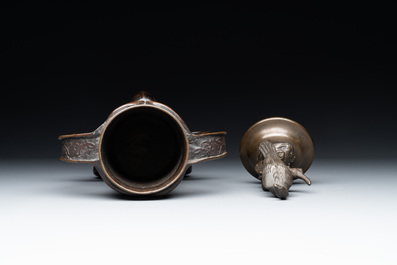 A Chinese bronze covered censer, a seal and a Japanese bronze covered censer, Xuande mark, 20th C.