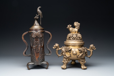 A Chinese bronze covered censer, a seal and a Japanese bronze covered censer, Xuande mark, 20th C.
