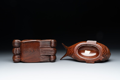 A small Kutani porcelain incense burner, two wooden sculptures, and a shagreen glasses case, Japan, Meiji, 19/20th C.