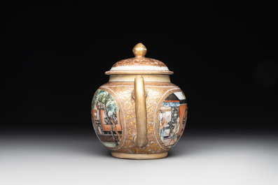 A fine Chinese Canton famille rose teapot with figures in a garden, Yongzheng
