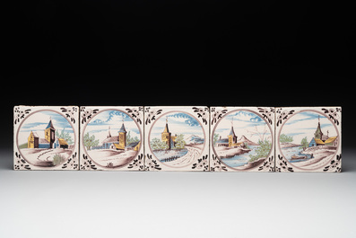 Ten polychrome Dutch Delft 'landscape' medallion tiles, 19th C.