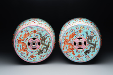 A pair of Chinese famille rose turquoise-ground 'dragon' garden seats, Republic